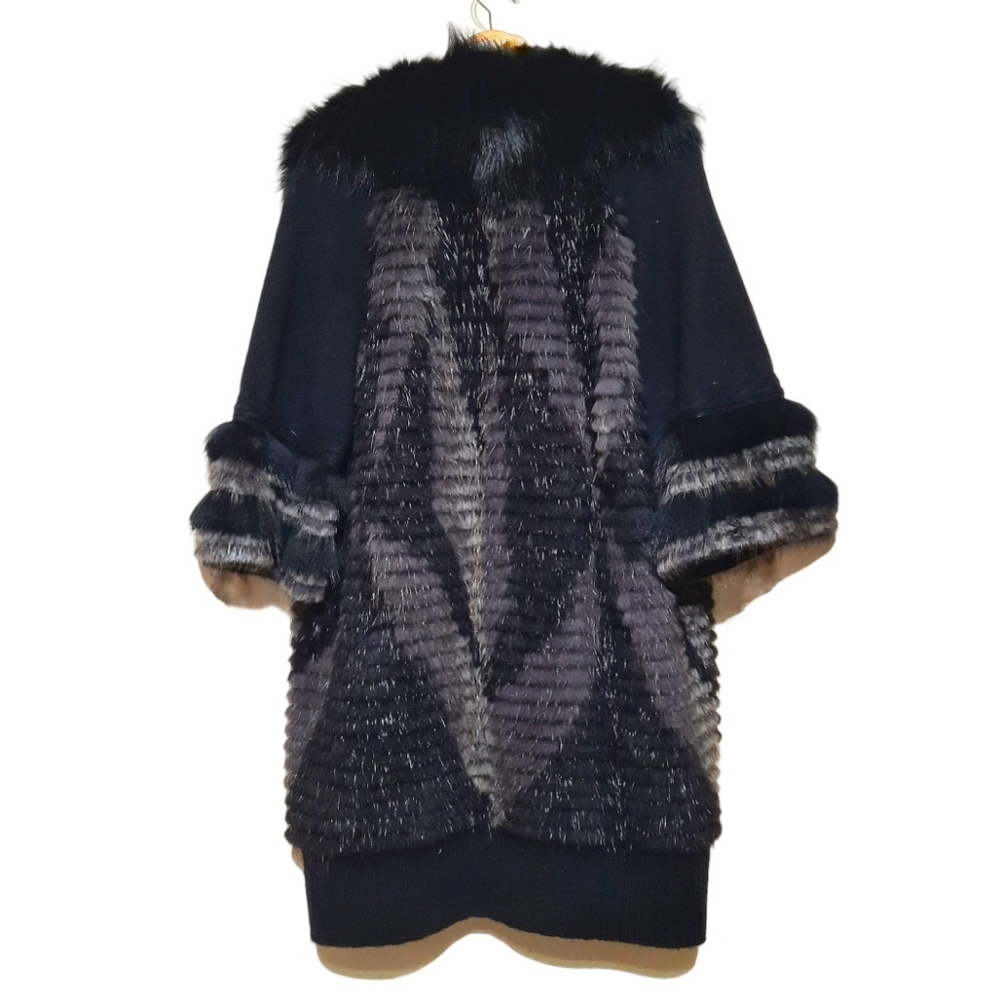 CARMEN MARC VALVO Cashmere Coat Fox & Beaver Fur Mob Wife Aesthetic Black S M - Picture 5 of 13